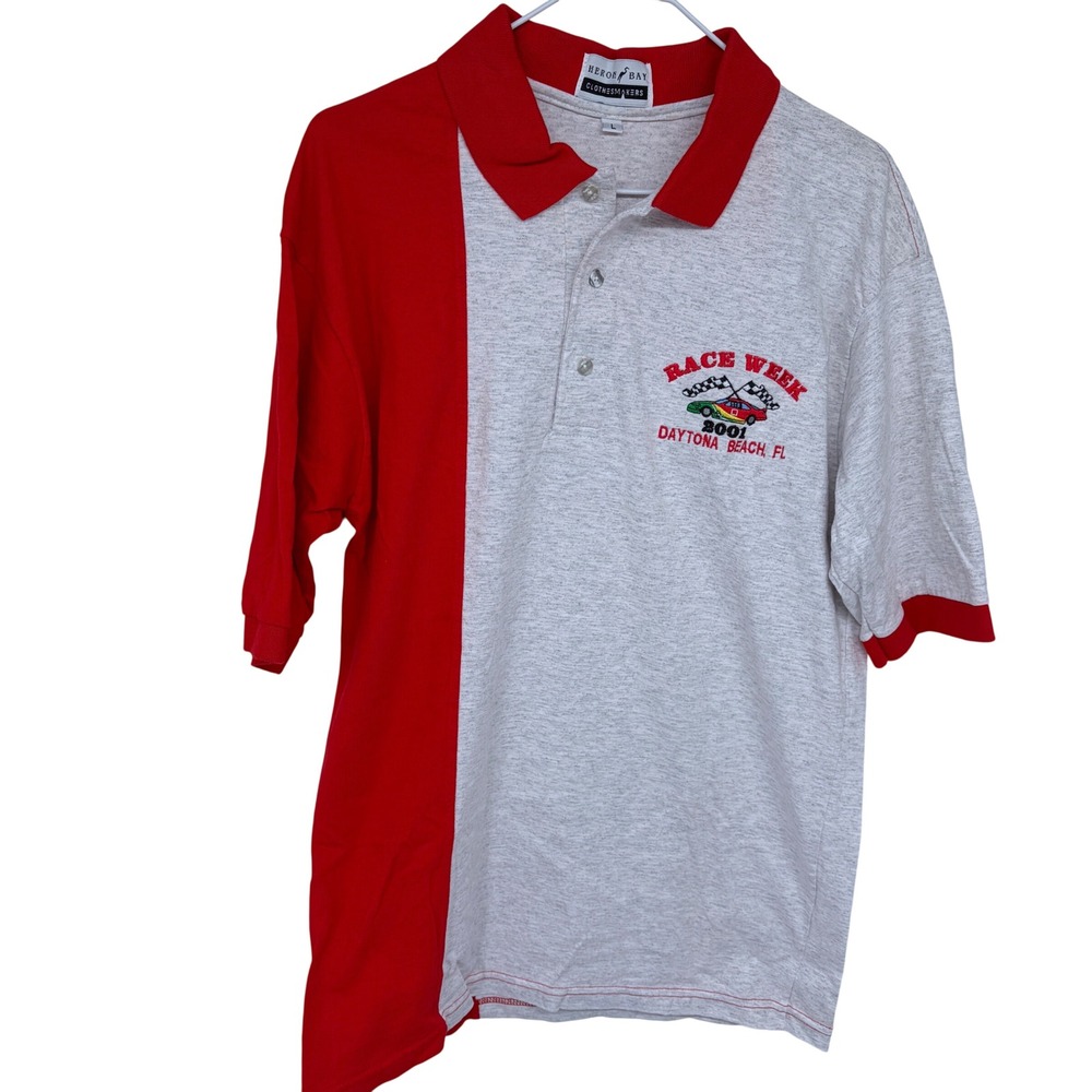 Vintage Colorblock 2001 Race Week Daytona Beach Florida Polo Shirt Lg Red‎ Grey